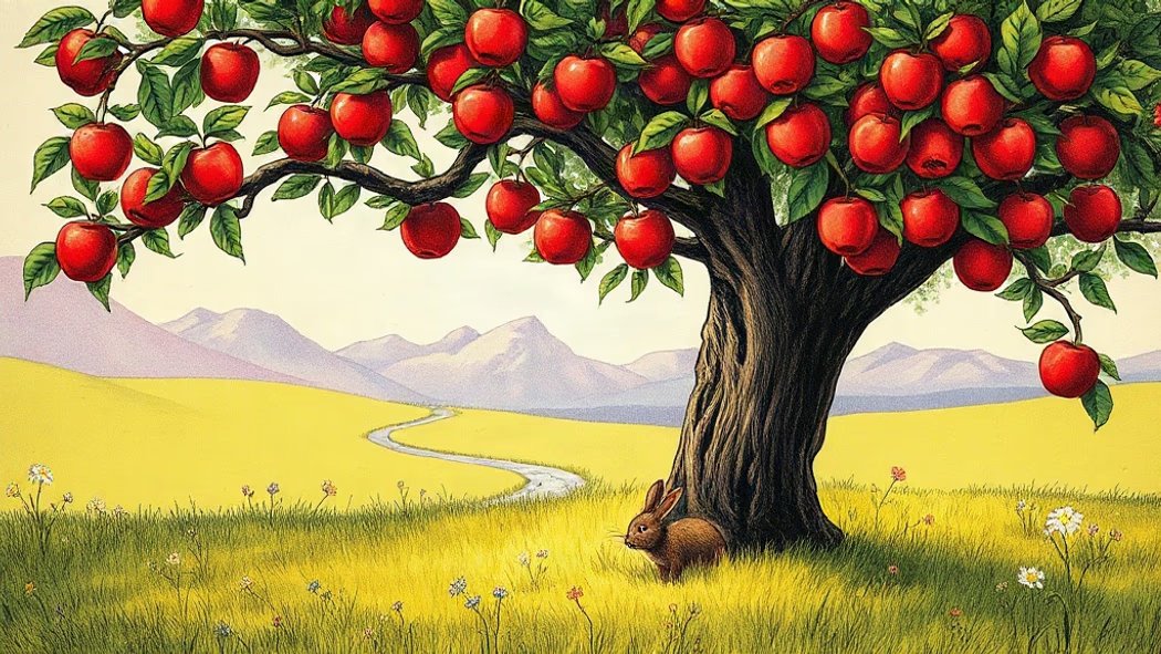 A gnarled brown apple tree in a sunny green meadow, with one branch laden with red apples and another with green buds.