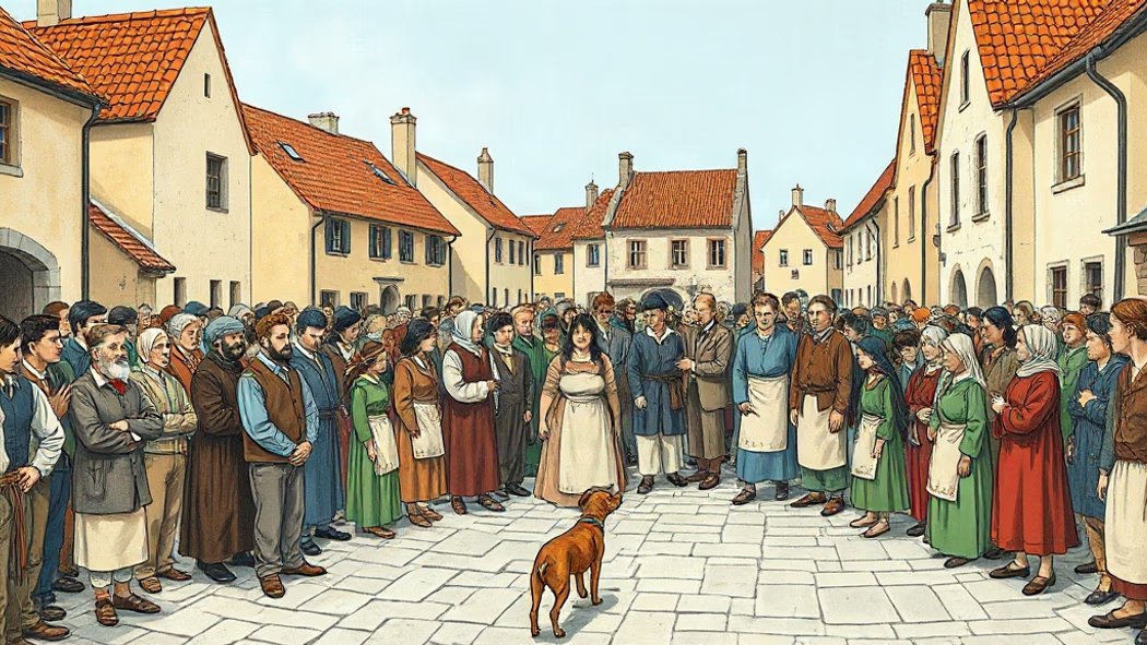 A large diverse crowd of villagers in colorful period clothing gathered in a grey cobblestone village square with cream stone