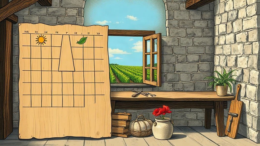 A large light brown wooden board with a grid of carved colored symbols (sun, moon, leaf, fire) on a workbench in a rustic sto