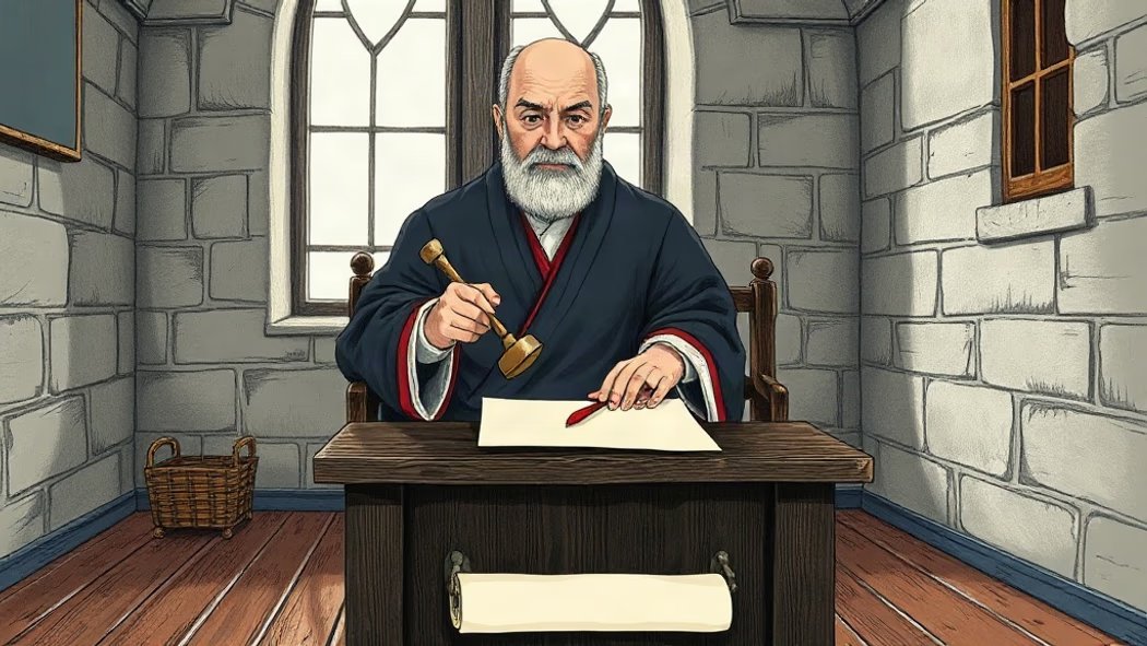 A venerable grey-haired man, a magistrate, in a dark blue robe, seated behind a dark oak bench holding a wooden gavel, in a s
