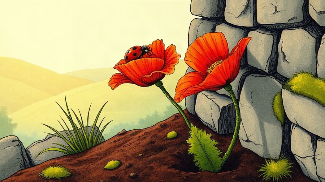 A vibrant red poppy blooming beautifully, pushing through a jagged grey cracked stone on dark brown earth next to a mossy gre