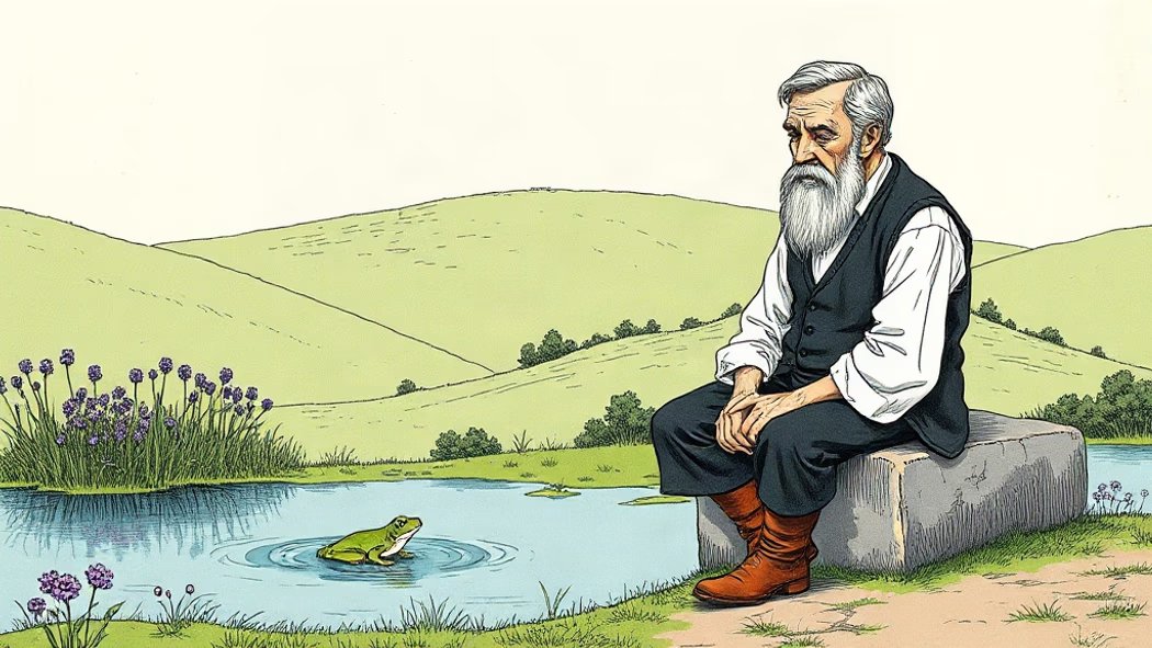 An illustration of a calm elderly man sitting on a stone bench, watching a green frog that just hopped from a pond nearby, sh