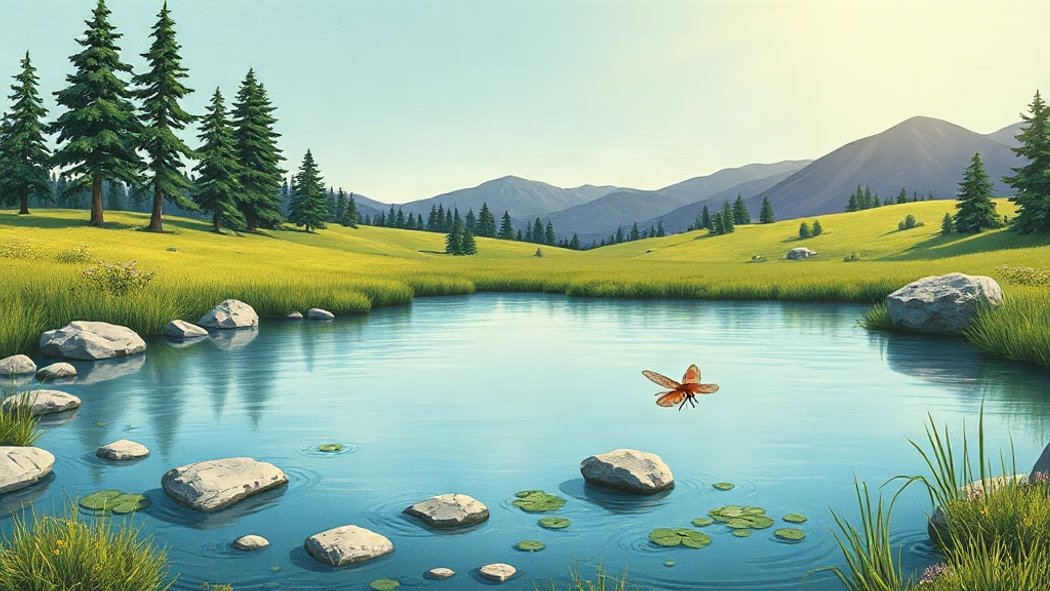 An illustration of a crystal-clear blue pond with visible grey stones and green plants at the bottom, in a sunny green meadow