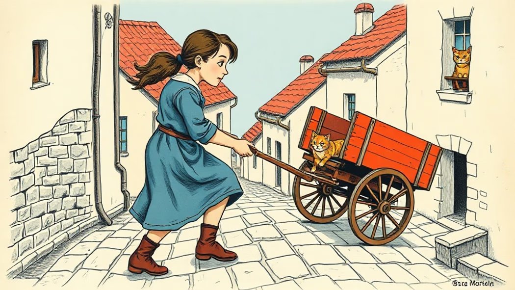 איור של אישה צעירה ונחושה מושכת עגלת עץ אדומה כבדה במעלה גבעת אבן אפורה תלולה בכפר אירופאי שטוף שמש.