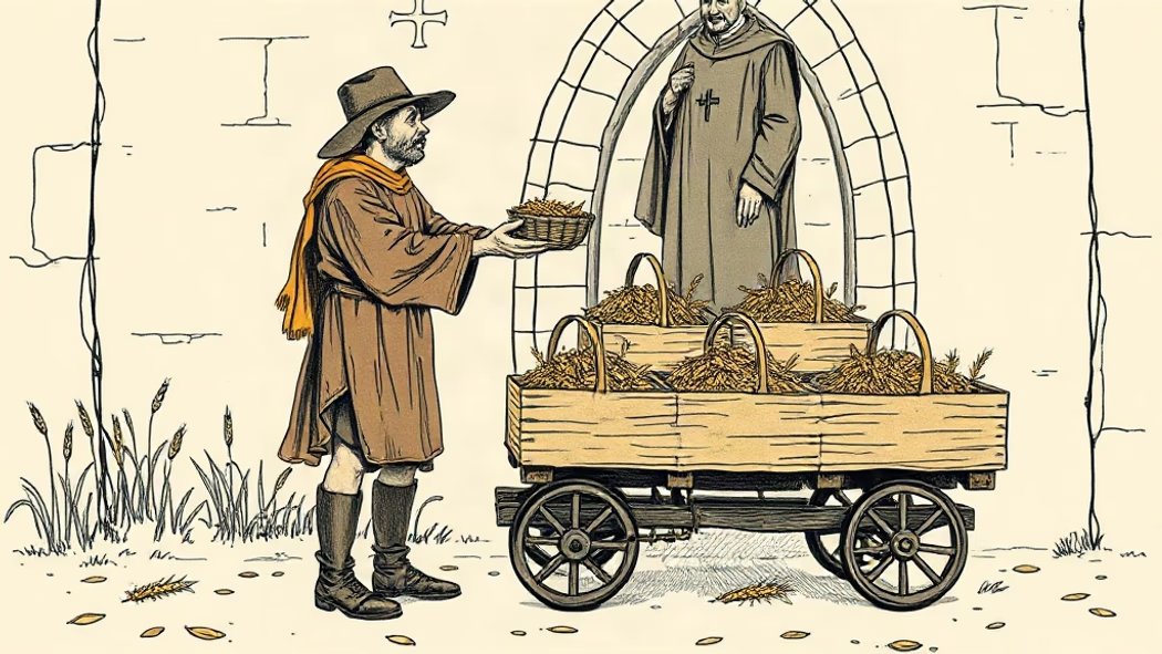 An illustration of a farmer giving a small wooden basket of golden wheat to a priest in front of a stone church, with a large