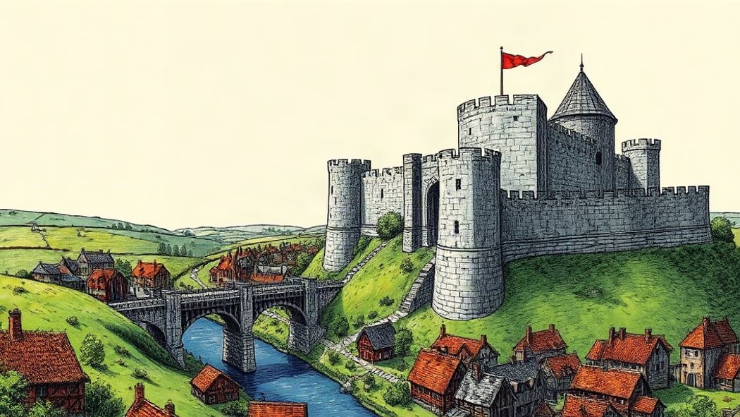 An illustration of a formidable grey stone fortress with tall walls, turrets, a drawbridge, and a red flag, on a green hill o