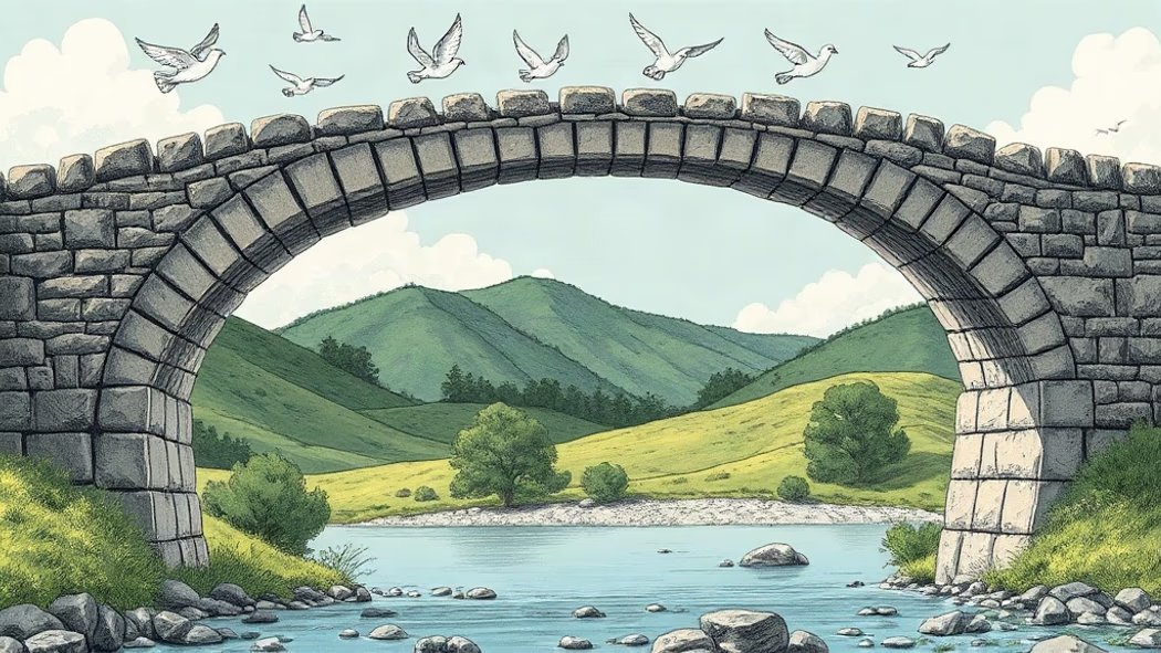 An illustration of a grand grey stone archway with perfectly interlocking stones spanning a calm pale blue river in a serene