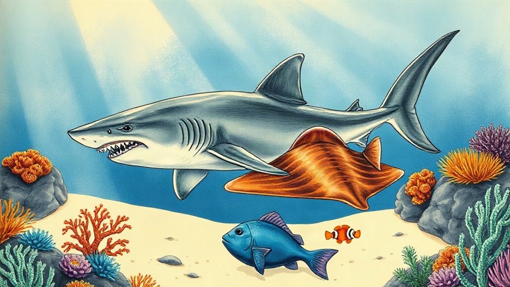 An illustration of a grey shark and a brown stingray swimming in a vibrant blue coral reef with colorful corals and green sea