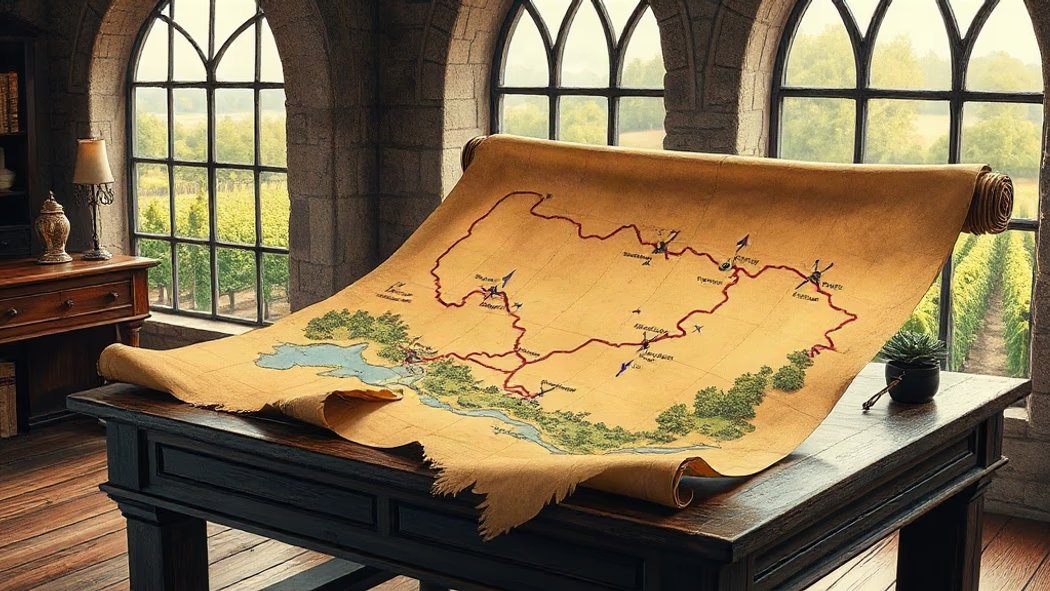 An illustration of a large antique yellowed map with hand-drawn red lines, blue 'X' marks, and purple arrows, on a dark woode