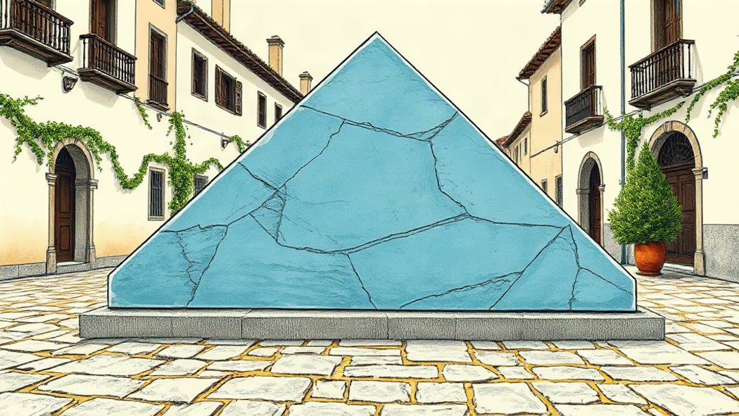 An illustration of a large, bright blue equilateral triangle centered on a pale grey stone plaza surrounded by old cream buil