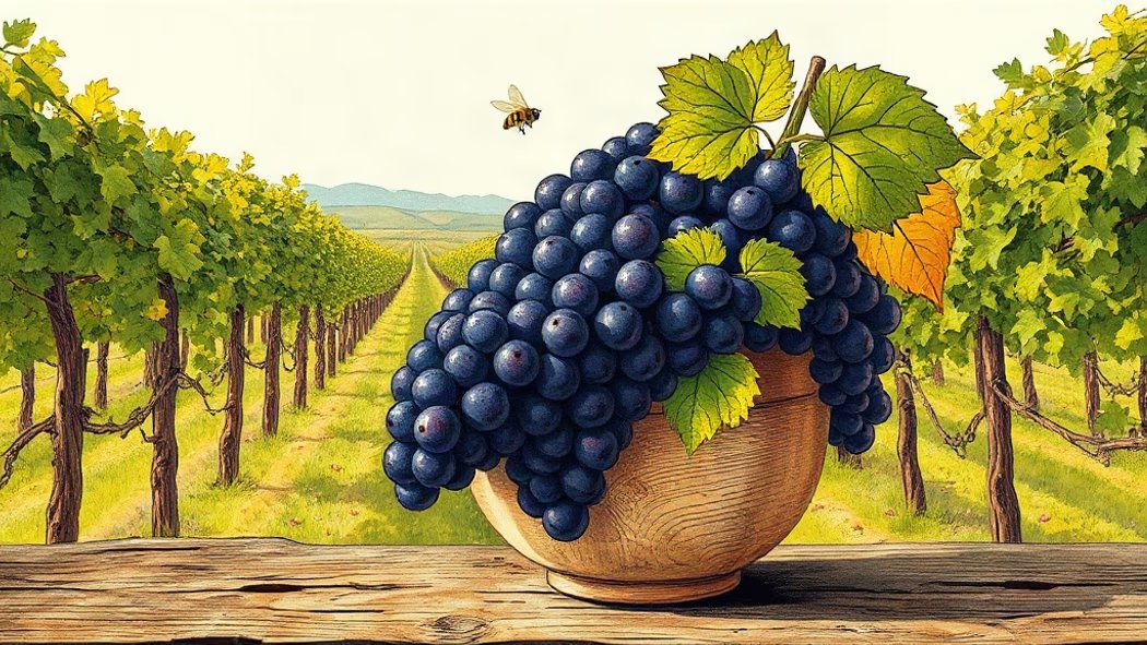 An illustration of a large cluster of deep purple grapes with green leaves in a light brown wooden bowl on a dark wooden tabl