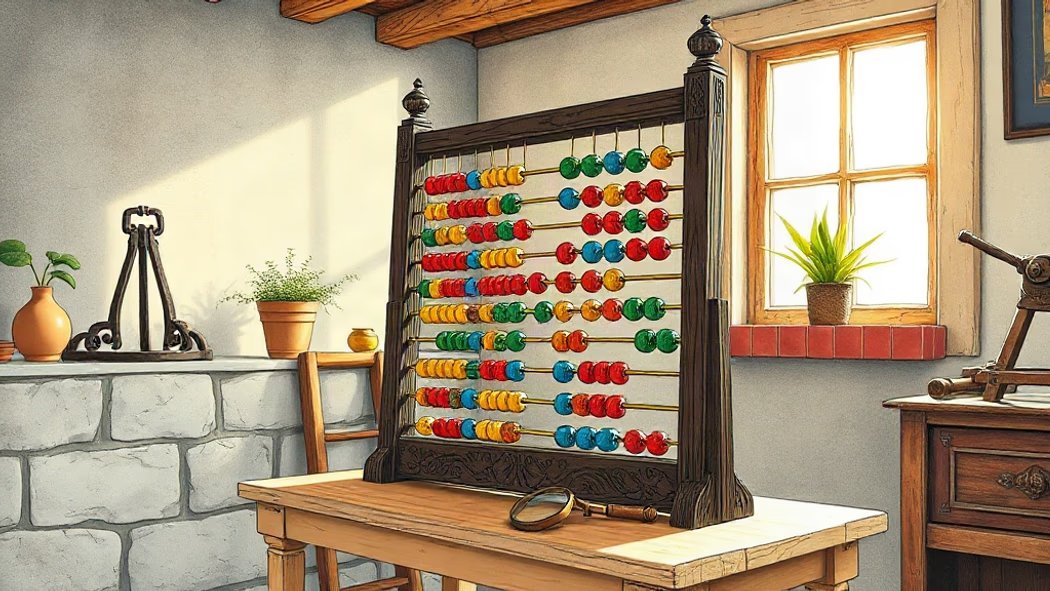 An illustration of a large dark wooden abacus with colorful beads on a light brown wooden workbench in a grey stone workshop.