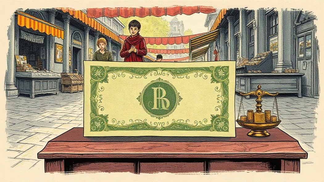 An illustration of a large, decorative light green piece of paper money on a dark wooden counter in a bustling market.