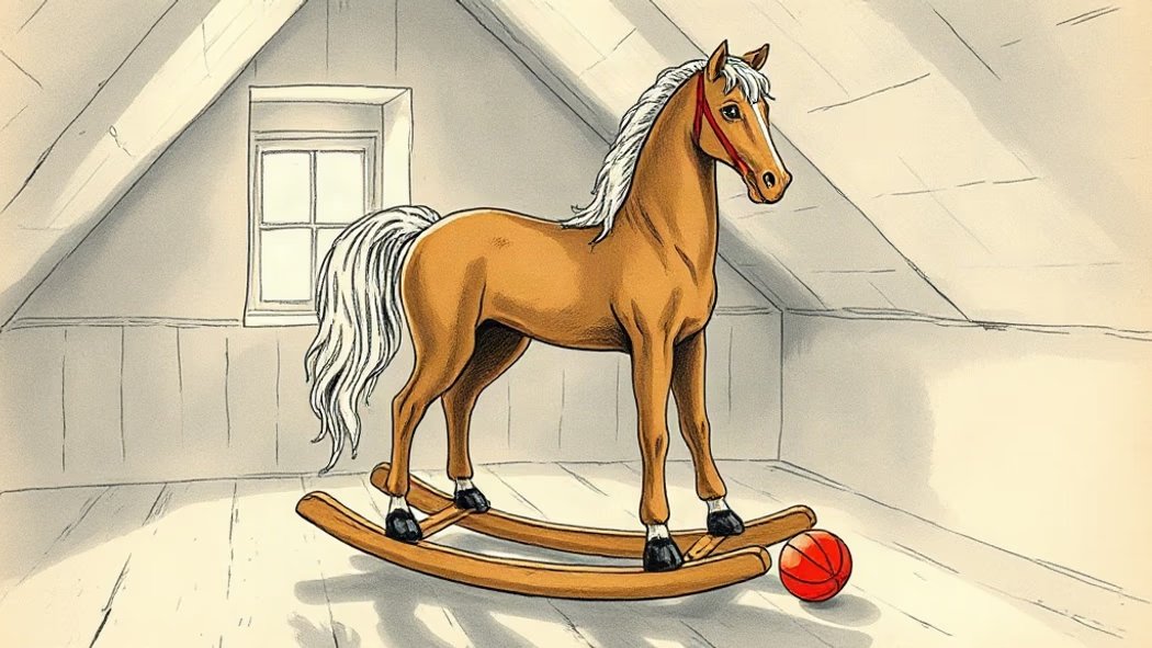An illustration of a large, faded wooden rocking horse with a white mane and tail in a softly lit, dusty attic room with a re