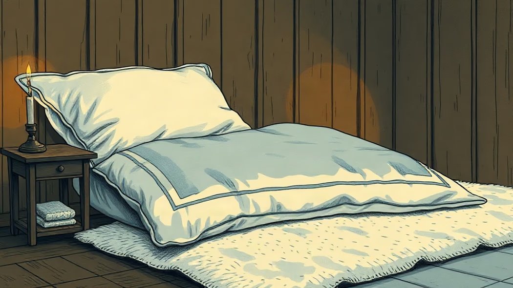An illustration of a large fluffy white pillow on a deep indigo blue blanket in a rustic bedroom with a flickering orange can