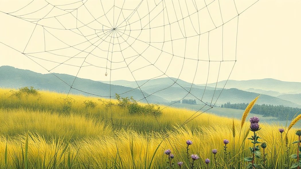 An illustration of a large, glistening white gossamer spiderweb in a green meadow with golden grasses and a tiny dewdrop.