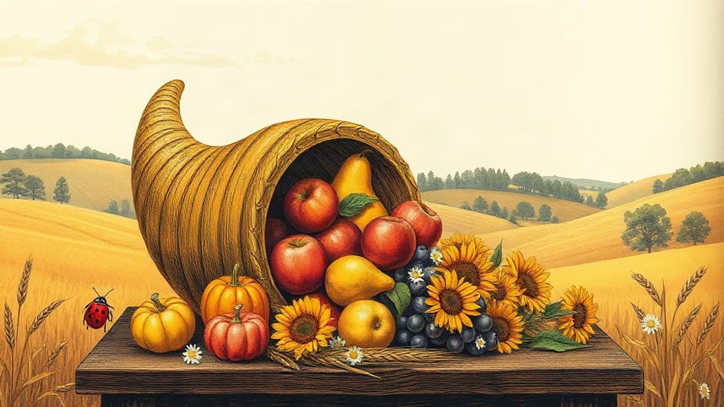 An illustration of a large golden horn-shaped cornucopia overflowing with colorful fruits, flowers, and grains on a rustic wo