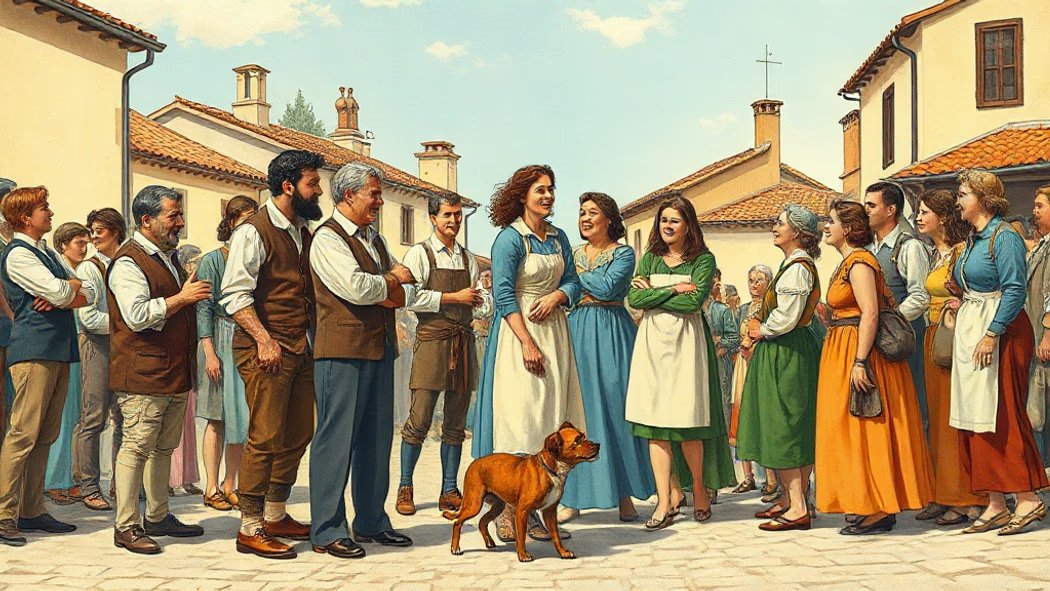 An illustration of a large group of smiling villagers in period clothing gathered closely in a sunny cobblestone square, laug