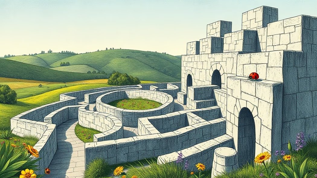 An illustration of a large, intricate, light grey stone labyrinth with tall walls in a vibrant green garden under a clear blu