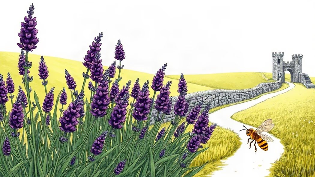 An illustration of a large purple lavender bush blooming in a bright green meadow with a stone wall under a clear blue sky, w