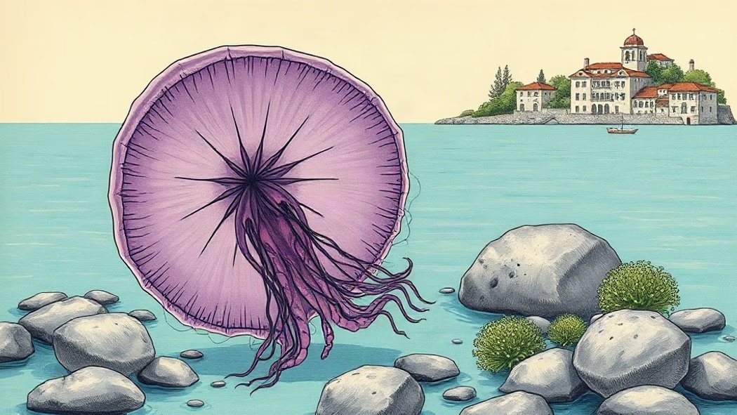 An illustration of a large, translucent purple jellyfish with a distinct pink inner gastrodermis layer in a clear blue rock p