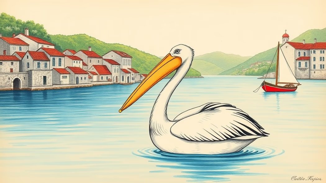 An illustration of a large white pelican with a yellow beak and orange pouch floating on calm blue water in a serene coastal