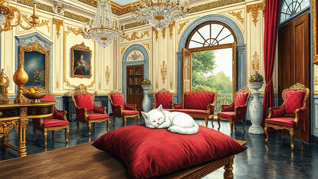 An illustration of a lavishly decorated room with a crystal chandelier, golden furniture, velvet cushions, a wooden table wit