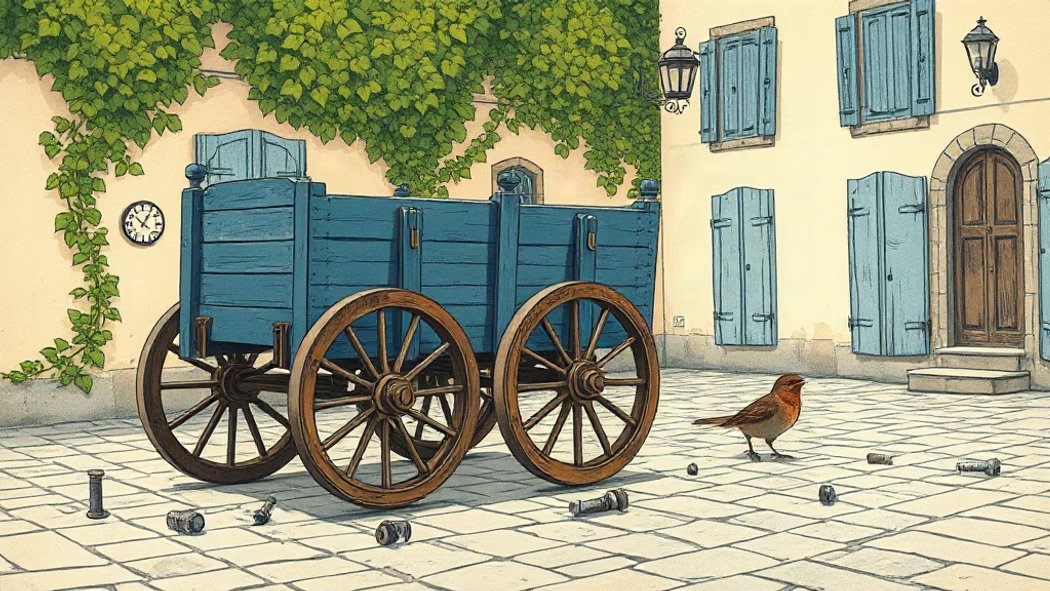An illustration of a light brown wooden cart being dismantled, with its blue body, brown wheels, and axles separated, on a co