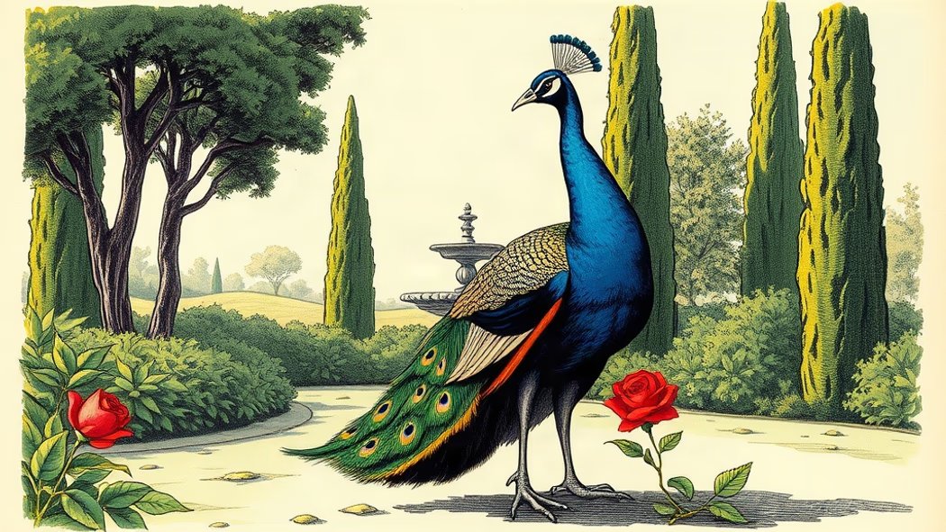 An illustration of a magnificent peacock with iridescent blue, green, and gold tail feathers in a lush garden with cypress tr