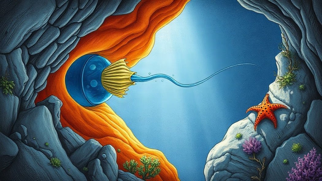 An illustration of a magnified choanocyte cell with a golden flagellum inside an orange sponge, creating a blue water current