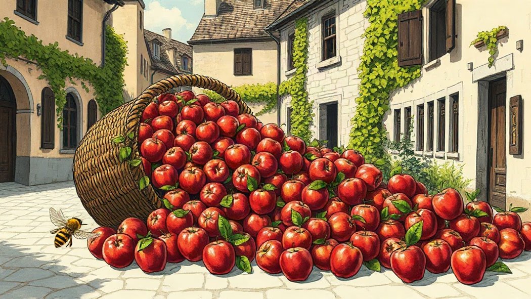An illustration of a massive pile of bright red apples overflowing from a brown woven basket onto pale grey cobblestones in a