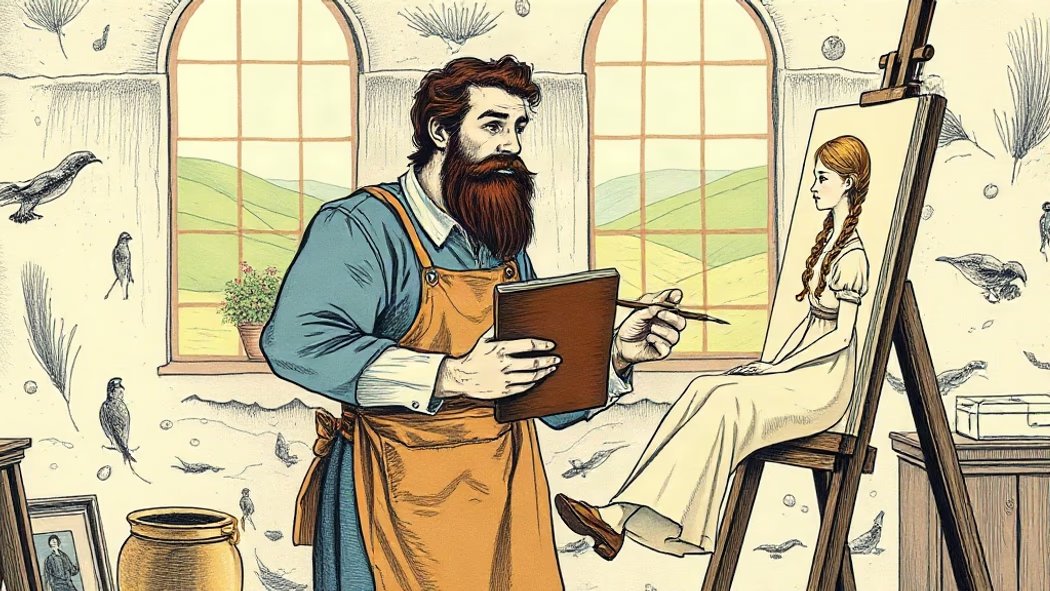 An illustration of a painter in a blue smock painting a portrait of a woman with blonde braids on an easel in a sunlit studio