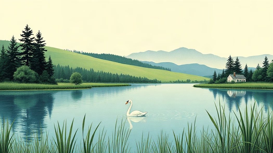 An illustration of a perfectly still, reflective blue lake surrounded by green reeds and trees under a pale blue sky, with a