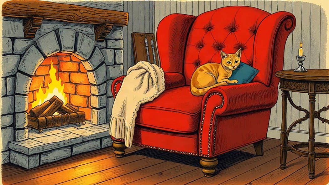An illustration of a plush deep red velvet armchair with a cream wool blanket and a ginger cat, in a cozy stone cottage livin