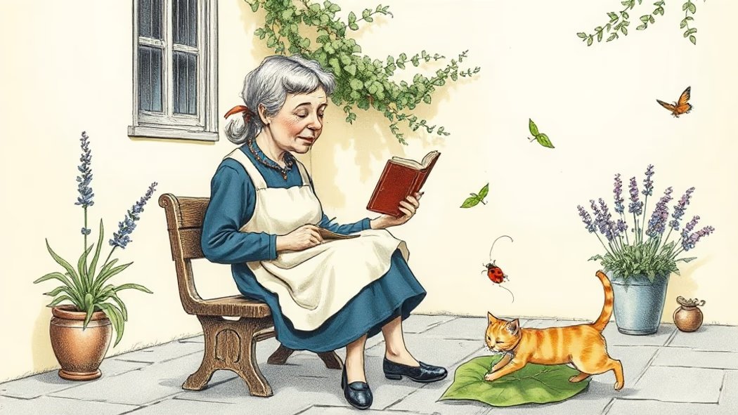 An illustration of a serene old woman sitting on a wooden bench, holding a book, while an orange cat tugs her skirt in a sunn