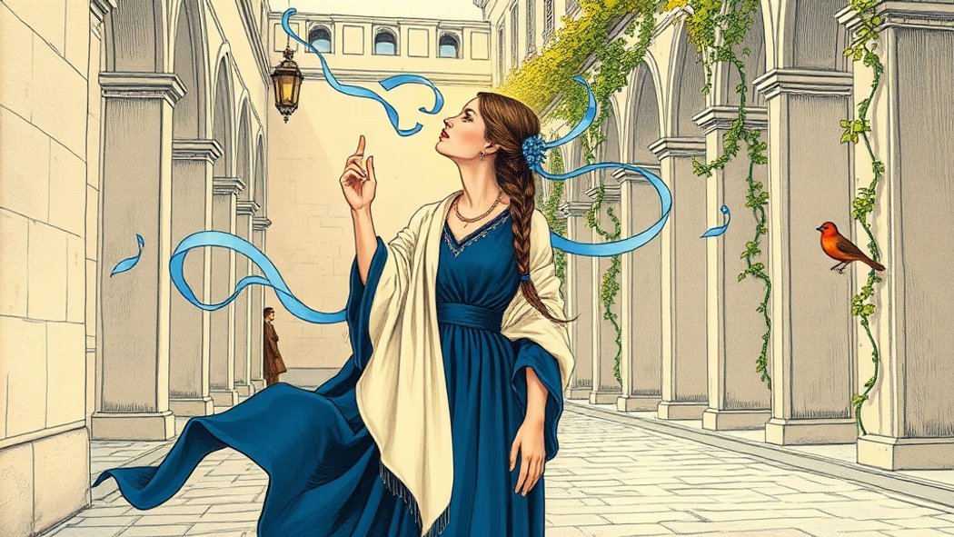 An illustration of a serene woman in a blue dress with golden light and blue ribbons emanating from her mouth, in a stone cou