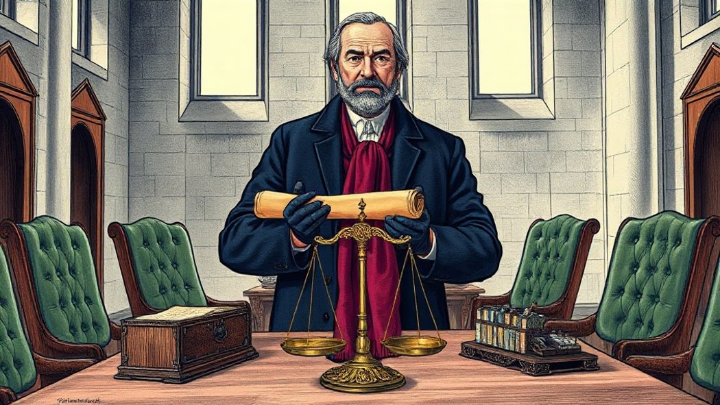 An illustration of a serious older man in a blue coat holding a parchment scroll in a stone council chamber with arched windo