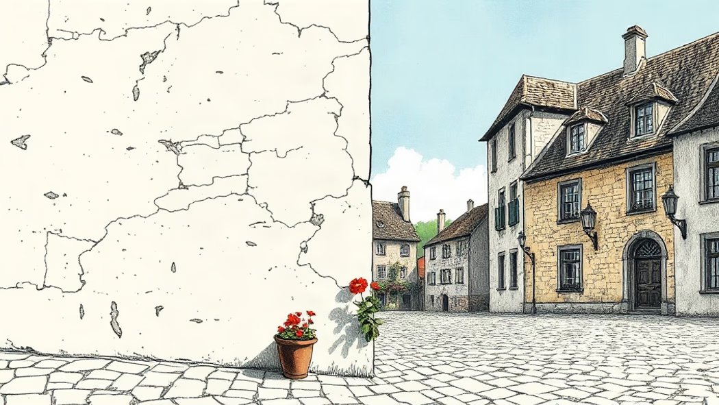 An illustration of a sharp building corner with two cream-colored stone walls meeting in a quaint village square, with a red 