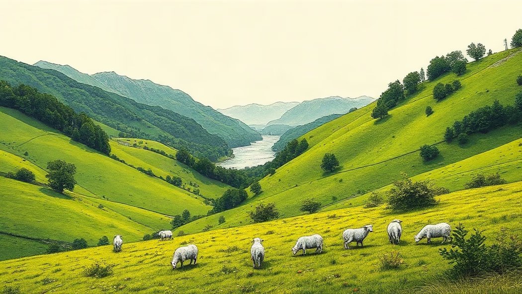 An illustration of a vast rolling green hillside with vibrant grass and dense trees, a silver river, grey mountains, and whit