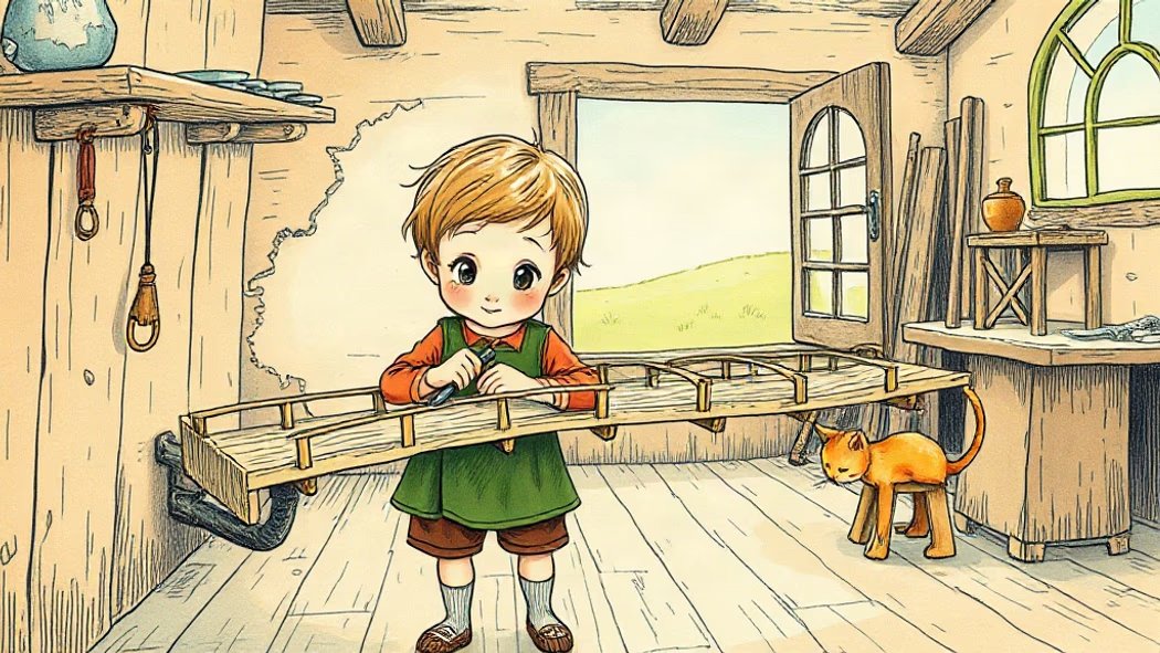 An illustration of a very young boy meticulously building an intricate miniature wooden bridge in a sunny workshop.