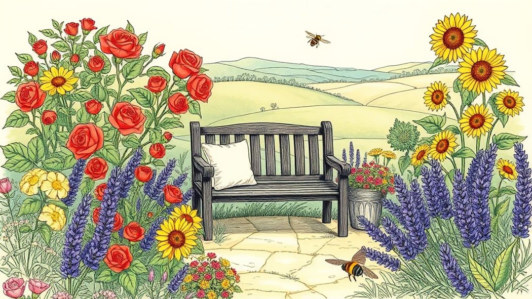 An illustration of a vibrant cottage garden filled with colorful blooming flowers and green plants, with a wooden bench and c