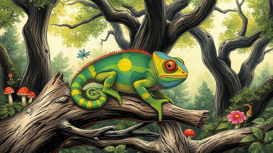 An illustration of a vibrant green chameleon on a gnarled brown branch, its skin rapidly changing colors to blue, yellow, and