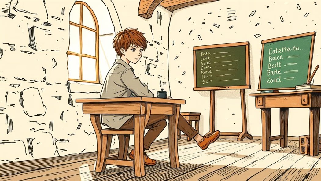 An illustration of a young male school pupil with brown hair in a grey tunic, sitting at a wooden desk in a rustic schoolroom