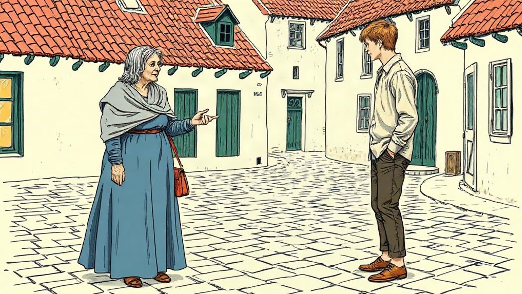An illustration of a young man returning a brown leather purse to an old woman in a cobblestone village square.