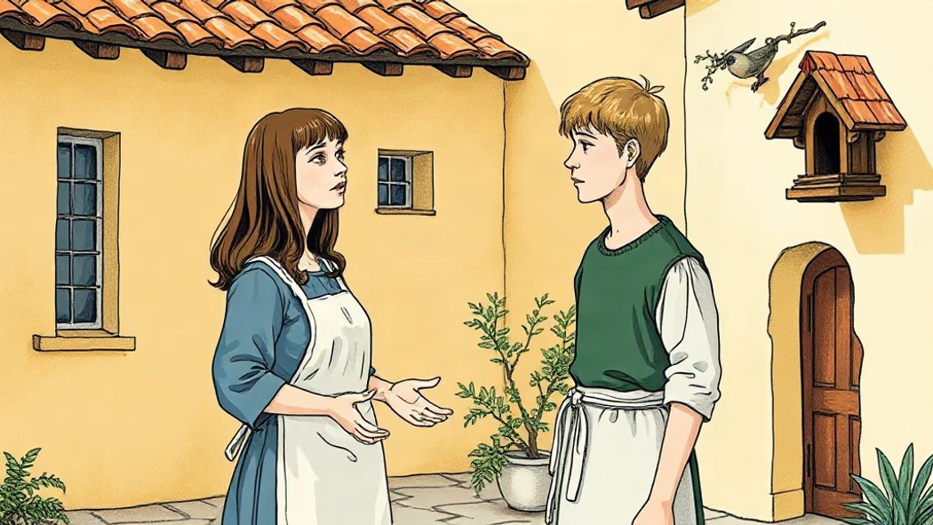 An illustration of a young woman in a blue dress speaking to a young man in a green tunic in a sunny village courtyard.