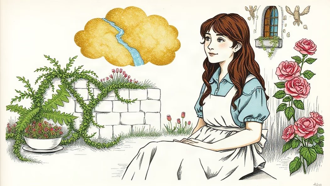 An illustration of a young woman with a dreamy expression, sitting in a sunny garden with a translucent dream cloud showing a
