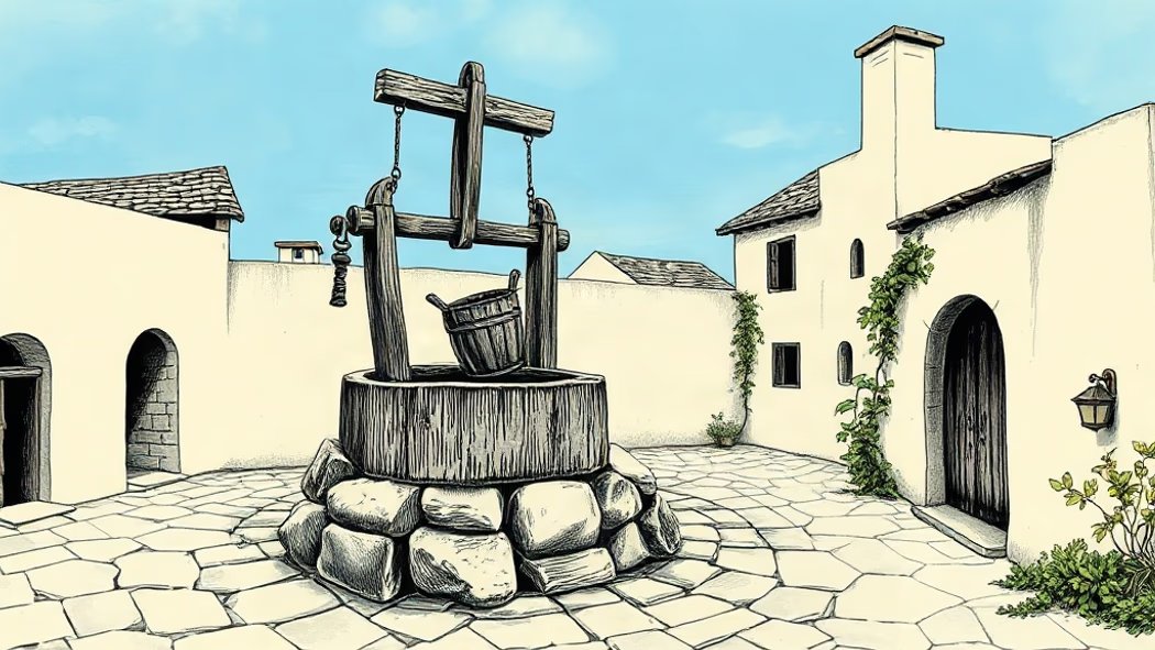 An illustration of an ancient stone well and wooden bucket in a circular vignette with soft, fading edges, set in a rustic Eu