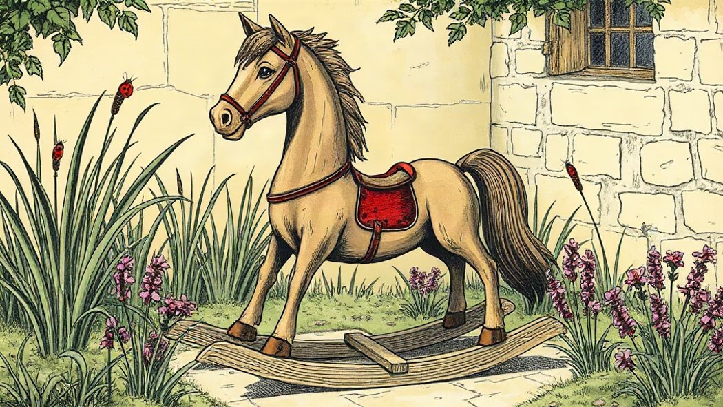 An illustration of an old, worn light brown wooden rocking horse with a faded red saddle, sitting in an overgrown cottage gar
