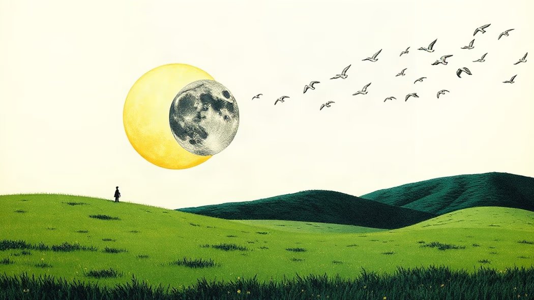 An illustration of an orange-yellow sun partly covered by a dark moon, showing a lighter grey penumbra, over a green field an