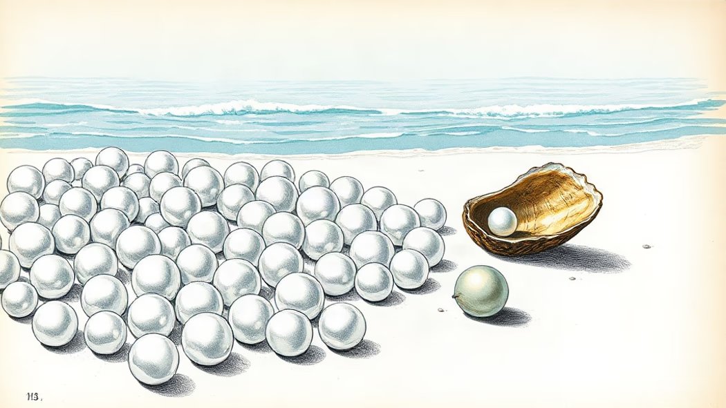 An illustration of glistening white pearls resting on a pristine white sandy beach with an open iridescent oyster shell nearb